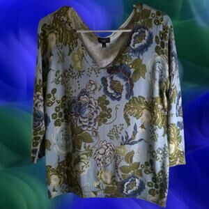 Talbots Medium Petite 3/4 sleeve blue & green silk cotton blend knit womans top